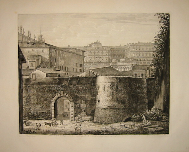 Rossini Luigi (1790-1875) Veduta di Porta Cavallegiera, detta Turrionis, di Alessandro VI. In distanza si vede il Palazzo Vaticano, le Loggie di Raffaelle, il Portico di S.Pietro, e la facciata del medesimo 1829 Roma 